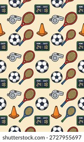 Um padrão contínuo vibrante e colorido com vários equipamentos esportivos, como raquetes de tênis, bolas de futebol, assobios e placares.
