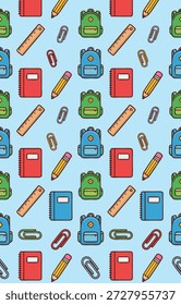 Um padrão contínuo vibrante e colorido com vários materiais escolares, como mochilas, cadernos, lápis, réguas e clipes de papel, tudo organizado perfeitamente em um fundo azul claro, perfeito para mim.