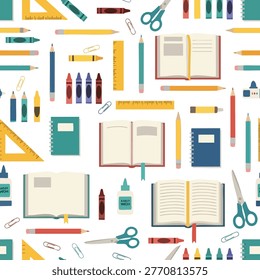 A vibrant and colorful seamless pattern featuring various school supplies such as pencils, crayons, rulers, scissors, and notebooks, arranged on a white background.