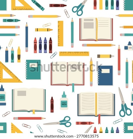 A vibrant and colorful seamless pattern featuring various school supplies such as pencils, crayons, rulers, scissors, and notebooks, arranged on a white background.
