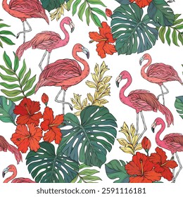 Vibrant colorful seamless tropical pattern with flamingo and palm leaves and flowers on pink background