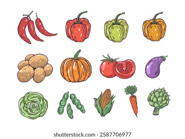 A vibrant and colorful selection of various hand-drawn vegetables, ideal for promoting healthy lifestyle themes