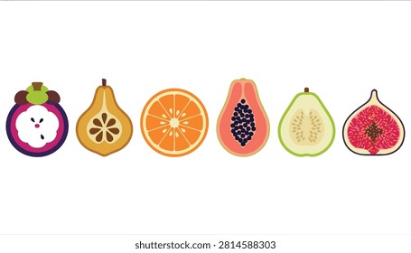 Vibrant and colorful set of six exotic fruit cross sections including mangosteen, papaya, fig, and fresh orange.