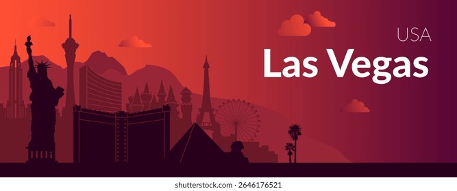 The Vibrant and Colorful Silhouette of Las Vegas is Beautifully Set Against a Stunning Sunset Sky