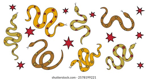 A Vibrant and Colorful Snakes and Stars Pattern Design Ideal for Various Creative Uses. Symbol of 2025