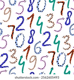 Vibrant colorful snake-shaped numbers on a white background. Snake symbol of the year. Vector hand drawn bold sealmless pattern