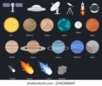 Iconos vibrantes y coloridos del espacio junto con cuerpos celestes ilustrados en estilo del arte del pixel