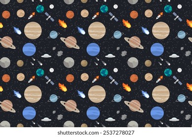 Vibrant and Colorful Space Pattern Featuring Various Planets and Rockets in a Design