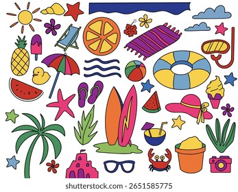 A vibrant and colorful summer icon illustration featuring playful elements. perfect for summer-themed posters, web graphics, travel promotions, and seasonal products.