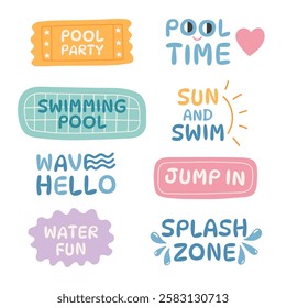 Vibrant colorful summer pool party stickers with hand drawn lettering. Swimming and water fun label