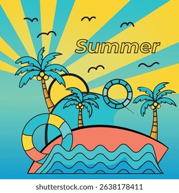 A vibrant and colorful summer-themed vector illustration featuring palm trees, lifebuoys, ocean waves, and a tropical island under a bright sunny sky. Ideal for vacation, travel related Design.