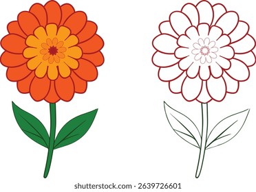 Vibrant and colorful vector illustration featuring a cheerful zinnia flower surrounded by delicate outline floral design elements. The artwork showcases a blooming orange zinnia with green leaves