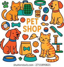 A vibrant and colorful vector illustration featuring a collection of charming pet shop items, including playful dogs and contented cats.