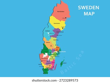 Un mapa de Vector vibrante y colorido de Suecia, que muestra claramente sus condados administrativos, las principales ciudades y el mar Báltico circundante sobre un fondo azul brillante.