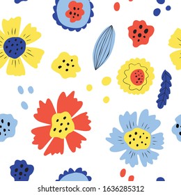 Vibrant colorful vector seamless pattern with floral ornament. Isolated on white background. Doddle art, leafs, flowers. Cute modern vivid drawing. Hand drawn elements. Design print, paper, fabrics. 