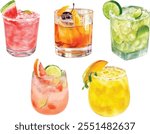 A Vibrant and Colorful Watercolor Cocktails Collection Featuring Various Amazing Drinks