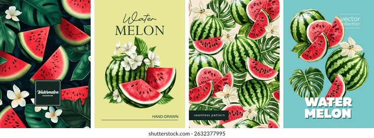 Vibrant and Colorful Watermelon Illustrations Perfect for Your Summer Design Projects. Vintage painting and botanical illustration styles