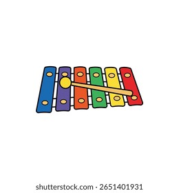 A vibrant and colorful xylophone with a mallet resting on top, perfect for educational and playful settings. Ideal for children’s music activities.