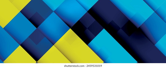 Colorido vibrante de patrón geométrico azul y amarillo con cuadrados, triángulos y rectángulos sobre fondo acuático. Tiene tonos azules y azules eléctricos