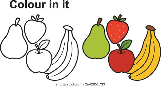  vibrant coloring page features a delightful assortment of fruits, perfect for children to color and learn about different types of fruits. 