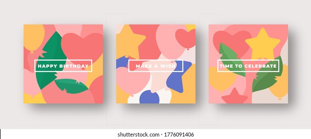 Vibrant Colors Birthday Pattern Abstract Vector Greeting Cards Background Set. Leaves, Baloons, Stars and Hearts Layouts Set with Modern Typography. Soft Shadows. Isolated.