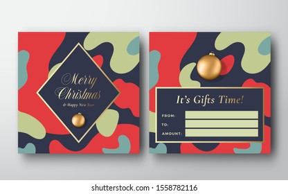 Vibrant Colors Christmas Camo Pattern Abstract Vector Greeting Gift Card Background. Back and Front Design Layout with Modern Typography. Soft Shadows. Brass Gradients. Isolated.