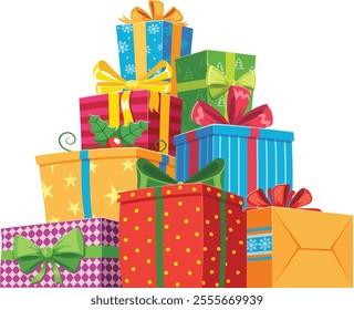 Vibrant colors and festive patterns fill a delightful pile of christmas gifts, wrapped in cheerful paper adorned with ribbons and bows, creating a joyful holiday atmosphere