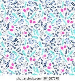 Vibrant colors floral seamless pattern with garden flowers and plants. Perfect for fabric print
