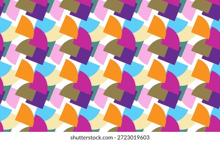 Colores vibrantes, patrones geométricos con curvas superpuestas.