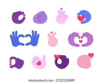 Gestos de mano de colores vibrantes. Comunicación amor y signos del corazón. Conjunto aislado de Ilustración vectorial. Colección de la etiqueta engomada para el día de San Valentín, vacaciones, amor, citas.