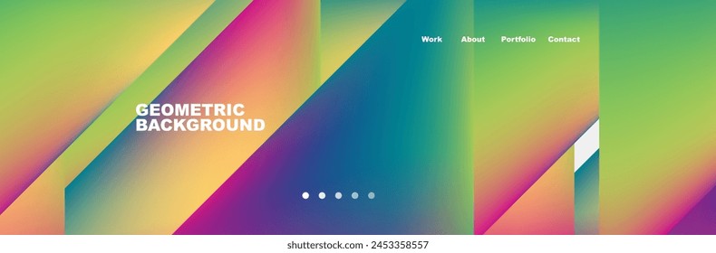 Vibrant colors like azure, orange, violet, magenta, and electric blue blend beautifully on a geometric background of triangles and rectangles with a rainbow gradient