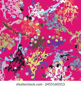 Vibrant colors like magenta and electric blue create a lively pattern of flowers on a pink background, making it a colorful organism of art paint and painting