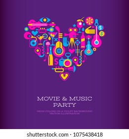 Vibrant colors on a dark violet background Movie & Music Party vector poster template. Heart shape design.