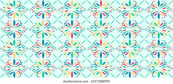 A vibrant colors pattern of flower shapes. Colorful packing background idea for showcasing beauty and vibrant colors.