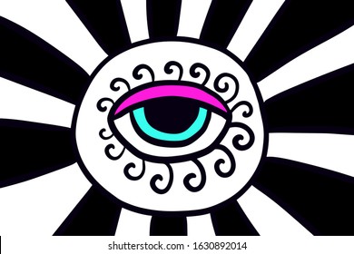 Vibrant colors wallpaper hand drawn psychedelic eye in cartoon comic style illustration