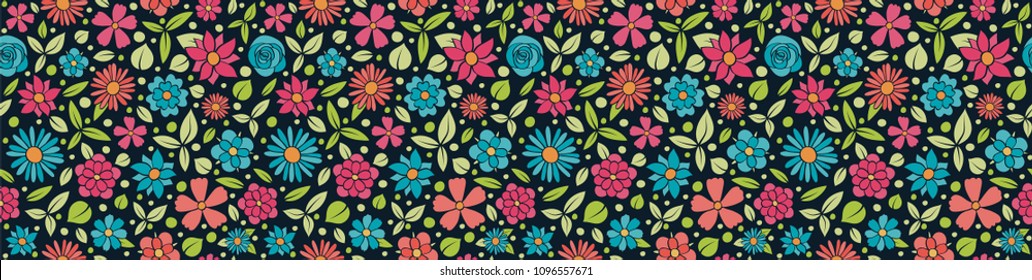 Vibrant coloured floral header - wrapping paper with seamless texture. Vector.