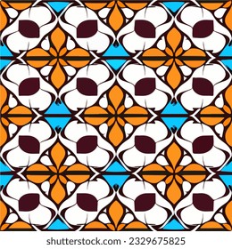 Vibrant combination of orange, white, and blue creates a lively pattern on a white backdrop. With a peppermint motif, this art nouveau inspired design emanates a sense of freshness and charm.