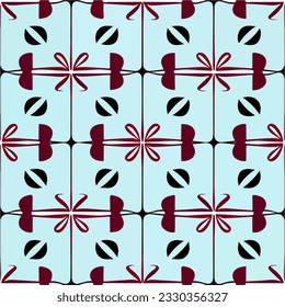 Vibrant combination of red and black hues complemented by a blue background. The eye catching bow design adds a playful and festive touch, reminiscent of a peppermint candy. The repeating fabric.