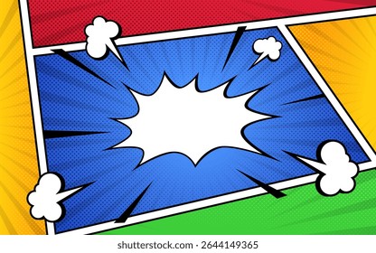 Vibrant Comic Book Style Background with Speech Bubble and Pop Art Design Elements
