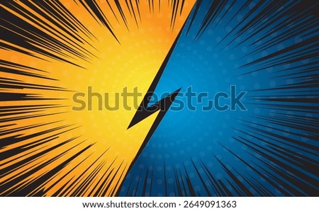 A vibrant comic book style background featuring a split design of yellow and blue, with radiating black lines and small white circles. A black lightning bolt graphic divides the two colors.