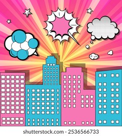 Vibrant comic book style cityscape with colorful buildings, speech bubbles, and radiating sunbeams creating a dynamic and playful scene