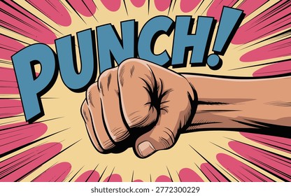 Vibrant comic book style illustration featuring a clenched fist and the word 'PUNCH!' with energetic explosion lines in the background.