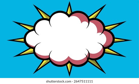 Vibrant comic book style speech bubble or explosion burst. Ideal for text, announcements, or pop art designs. Isolated on blue background.