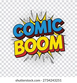 Efeito de texto de boom cômico vibrante com explosão colorida, elemento de design dinâmico