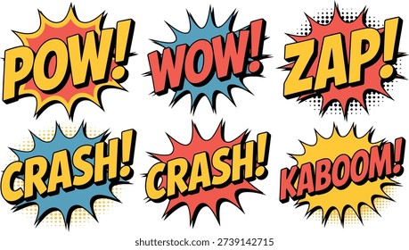 Vibrant comic explosion graphics featuring iconic sound effects such as Pow, Wow, Zap, Crash, and Kaboom in retro style.