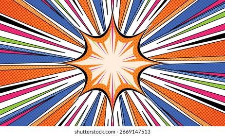 Fondo vibrante del estallido del arte del pop del cómic que presenta los rayos del semitono en tonos azules anaranjados y de neón, estilo retro dinámico de la explosión perfecto para los carteles, los Anuncios, las cubiertas y los diseños creativos