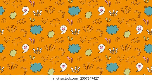 A vibrant comic seamless pattern in 90s style. Speech bubbles, lightning bolts, accent lines and various abstract shapes on an orange background. For wrapping paper, textile, or digital background.