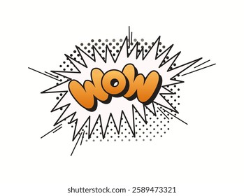 Vibrant comic style art with the word wow in bold orange letters. Surrounding elements include a classic burst pattern with black outlines and dots for added effect.