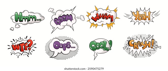 Vibrant comic style speech bubbles including expressions like boom hmm crash and yeah. Perfect for adding dynamic visual impact in pop art designs and comic projects.