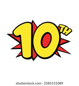 Vibrant comic-style 10th sign, perfect for kids' birthday celebrations. Fun and playful typography design. Ideal for invitations, stickers, and event decorations